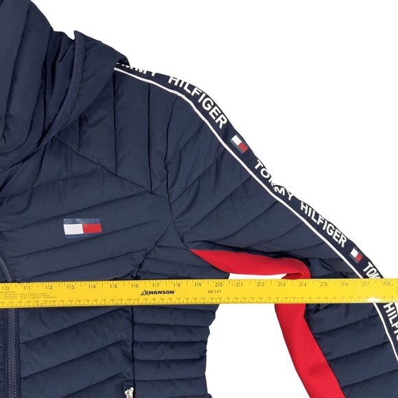 Tommy Hilfiger Women M Puffer Hooded Jacket Branded Strip Down Sleeves Flag Logo - Picture 11 of 16
